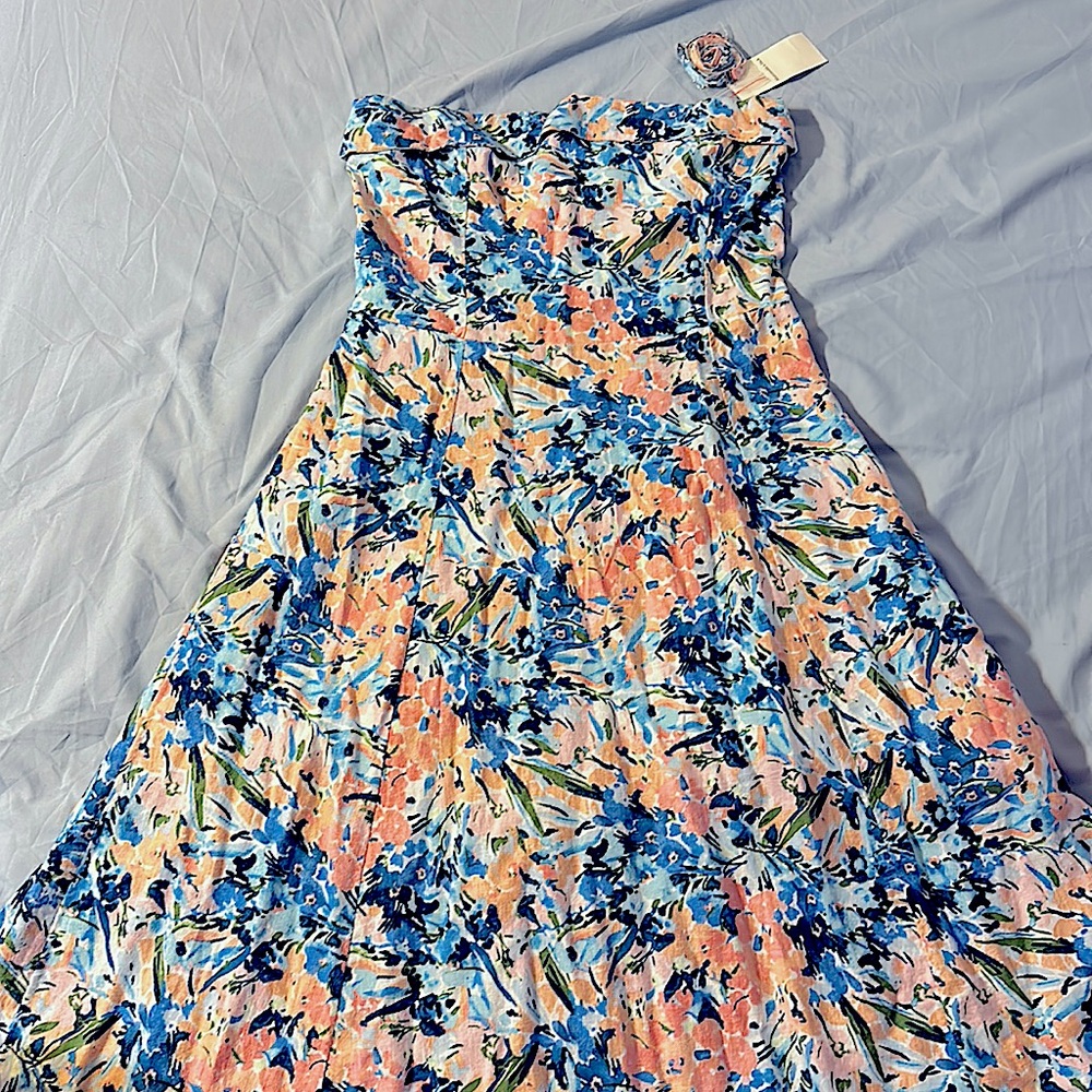 Abercrombie & Fitch Linen Blend Strapless Floral Midi Dress
